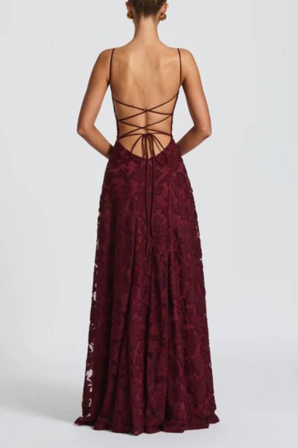 Francis Floral Burnout Jersey Fabric Cowl Neck Back Lace-up Maxi Dress