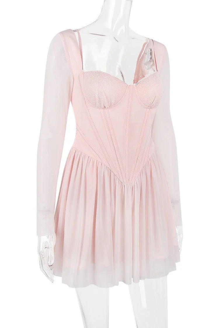 Mesh Long Sleeve Corset A-Line Pleated Ballet Style Mini Dresses