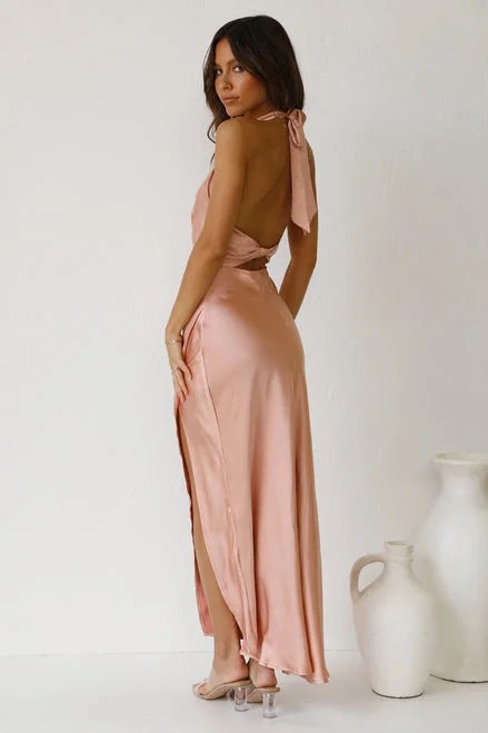 Halterneck Open Back Slit Wedding Maxi Dresses