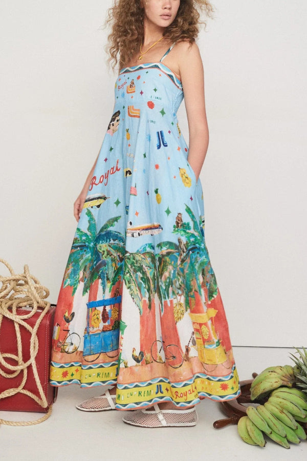 Summer Energy Linen Blend Unique Print Smocked Back Pocketed Midi Dress