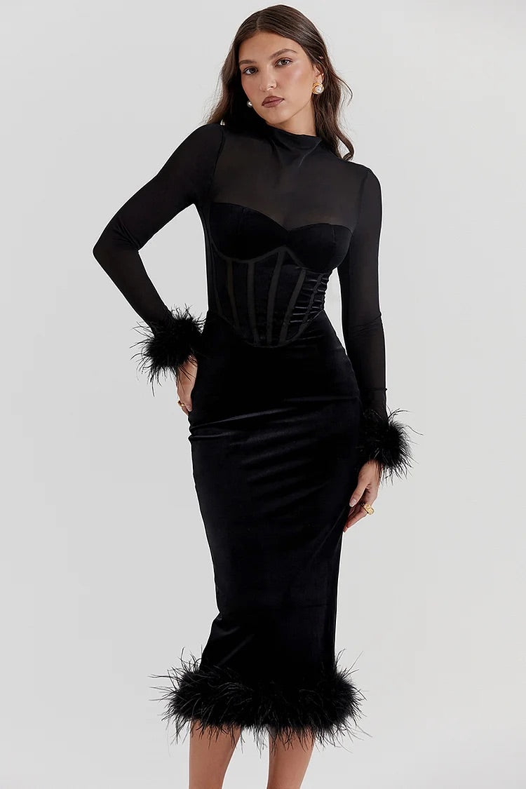 Mesh Patchwork Long Sleeve Feather Cuff Bodycon Cocktail Party Velvet Midi Dresses