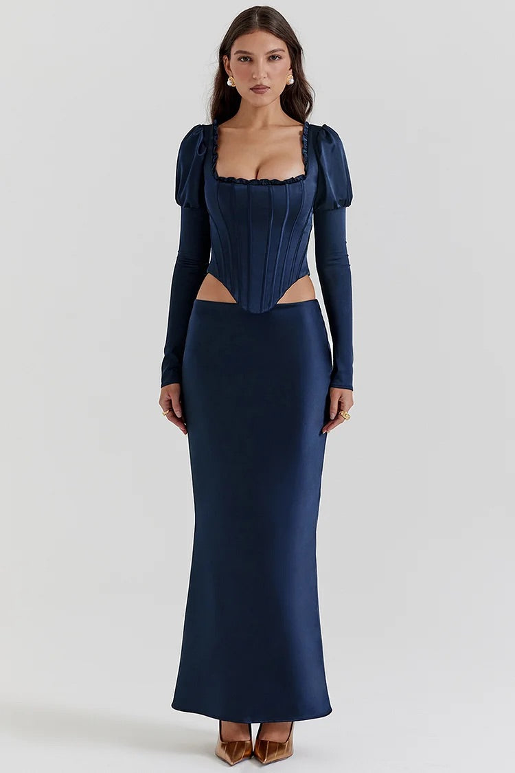 Satin Puffy Long Sleeve Irregular Corset Maxi Skirt Matching Set-Blue