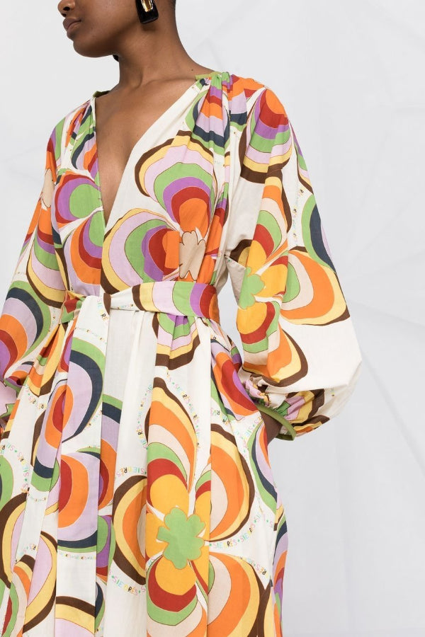 Boat Days Unique Print Balloon Sleeve Pocketed Loose Robe Maxi Dress