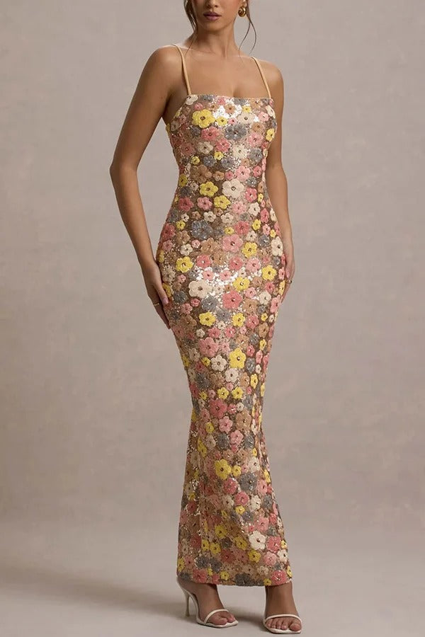 Stretch-Maxikleid im 80er-Jahre-Stil mit Blumenmuster, Pailletten und quadratischem Ausschnitt