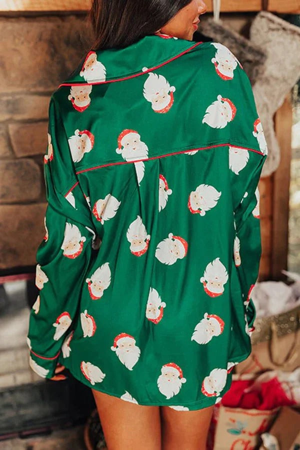 Ensemble pyjama short et short en satin imprimé Père Noël avec taille élastique et poches