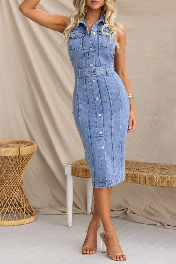 Lioness Nyc Denim Button Up Belted Back Zipper Halter Midi Dress