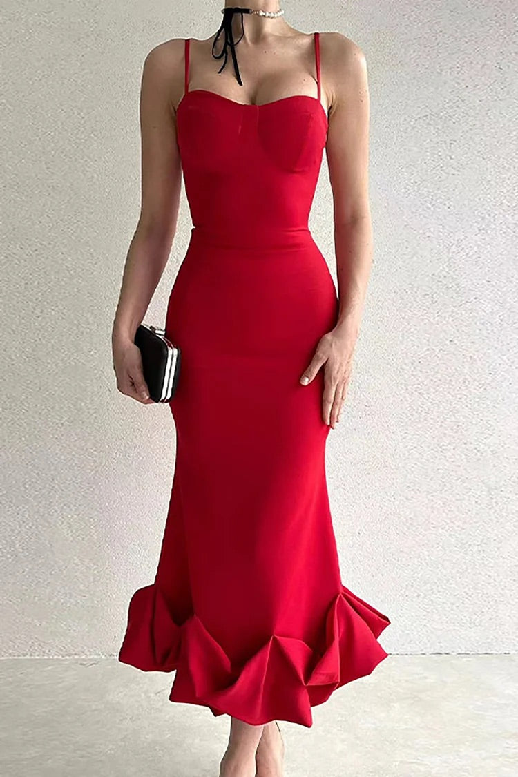 Slim Fit Ruffled Hemline Prom Party Slip Midi Dresses