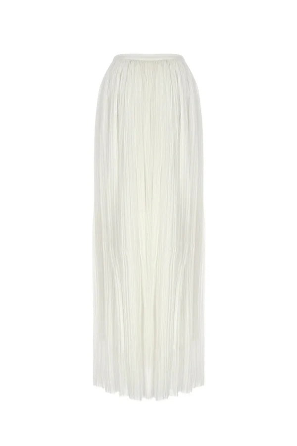 A White Summer Dream Chiffon Pleated High Rise Elastic Waist Maxi Skirt