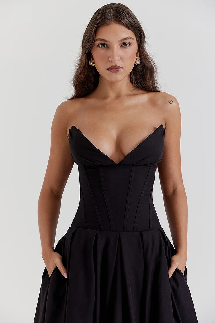 Deep V Neck Strapless Corset A-Line Pleated Midi Dresses-Black