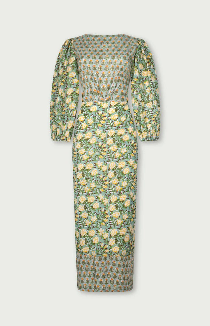 Mei Linen Blend Unique Print Puff Sleeve Cutout Back Tie-up Midi Dress