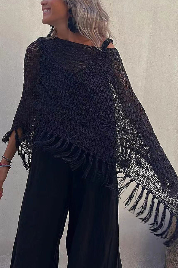 Sunset Breeze Hollow Out Tassel Knit Cover-up Top