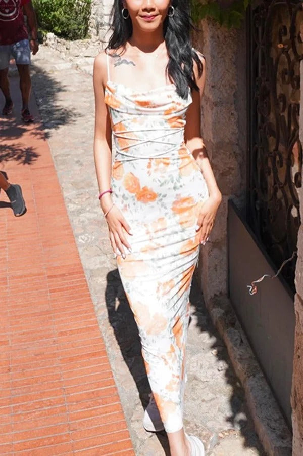 Floral Print Sexy Halter Back Slim Fit Lace Up Midi Dress