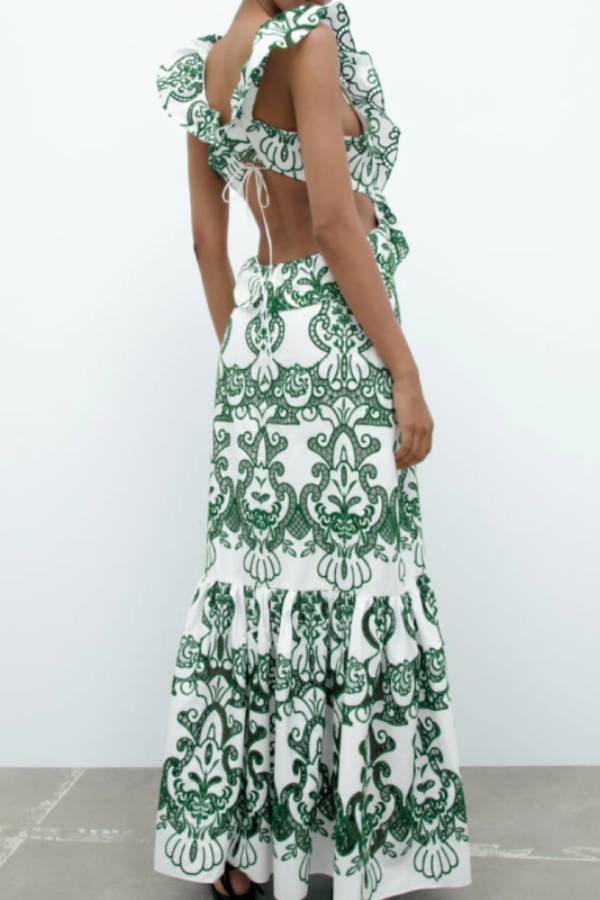 V-neck Hollow Embroidered Open Back Ruffled Long Dress