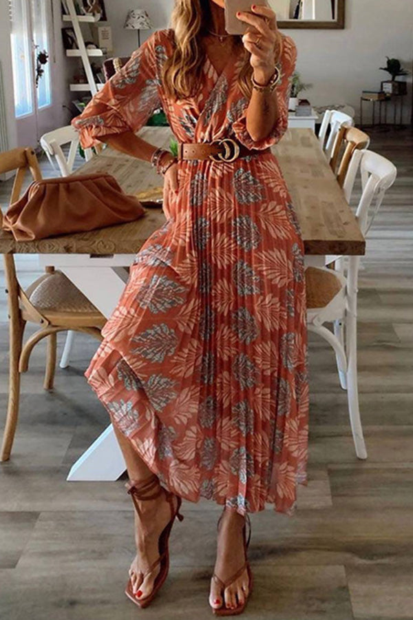 Botanical Print Pleated Long Sleeved Maxi Dress