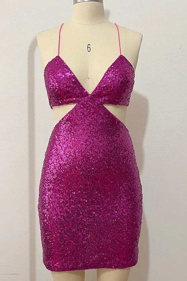 Deep V Neck Tied Up Backless Sequin Cutout Bodycon Birthday Party Slip Mini Dresses