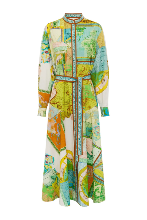 Travel Around The World Unique Print Balloon Sleeve Belt Shirt Midi Dress