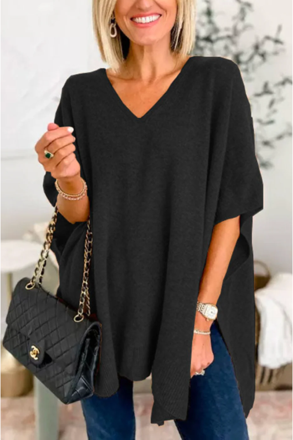 V Neck Loose Fit Solid Poncho Sweater