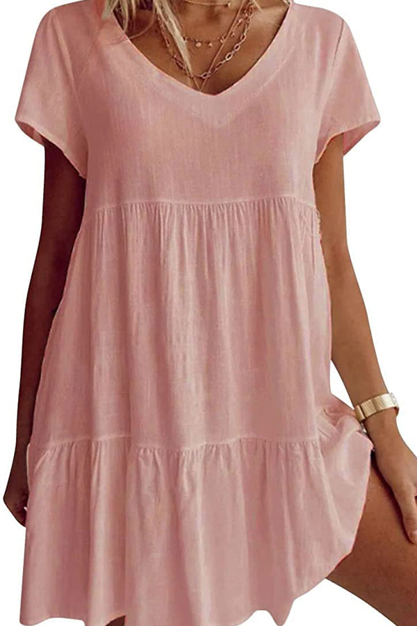 🎁Plus Size Cotton-Blend V Neck Casual Short Sleeve Weaving Dress