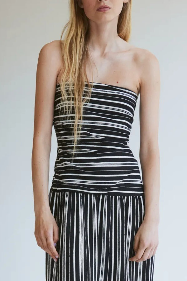 Simple Sexy Striped Ruched Detail Bandeau Stretch Maxi Dress