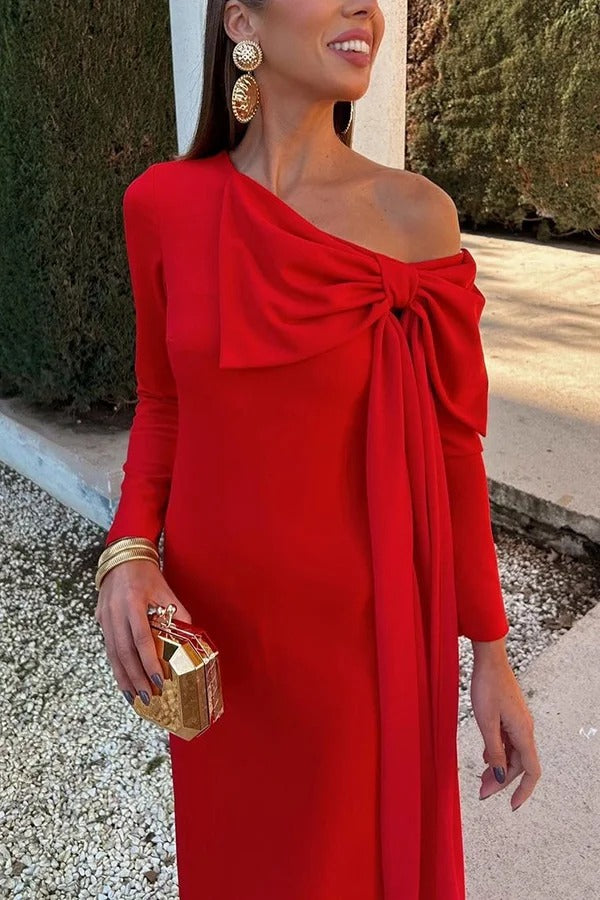 Vanessa Solid Color Long Sleeve Slim Fit Oversized Bow Tie Maxi Dress