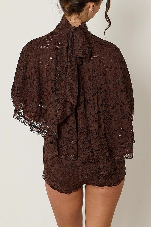 Carmen Lace Bow-tie Round Neckline Ruffle Cape Overlay Top