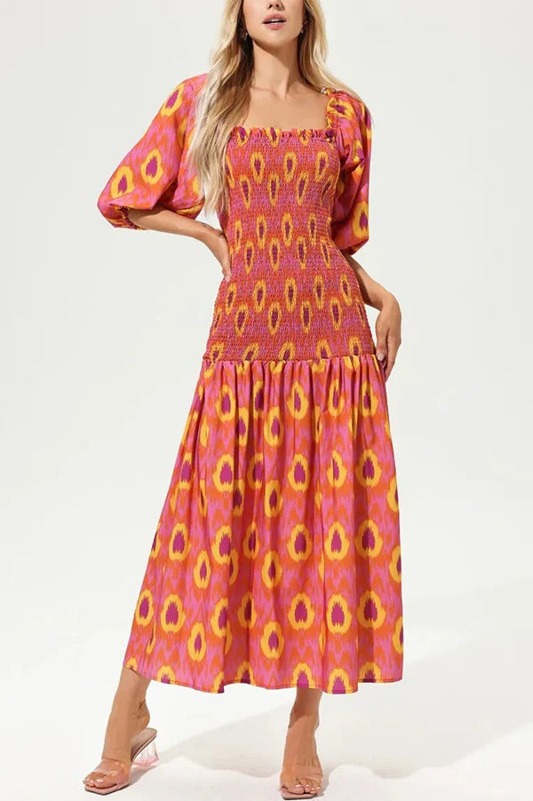 Venita Unique Printed Off Shoulder Balloon Sleeve Smocked Midi Dress