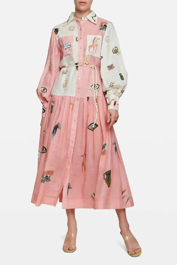 Playful Design Unique Print Balloon Sleeve Pocket Belt Shirt Midi Dress