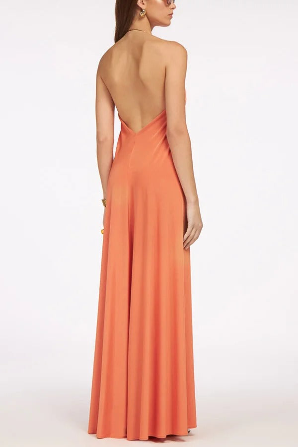 Solid Color Resort Style Halter Neck Open Back Large Hem Maxi Dress