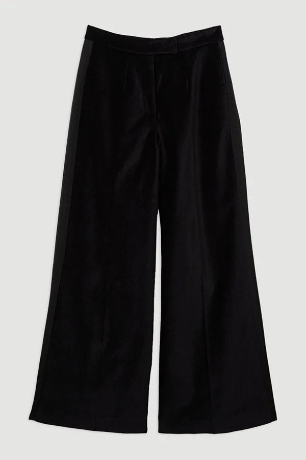 Cue The Cocktails Velvet Grosgrain Detail Pocketed Wide Leg Pants