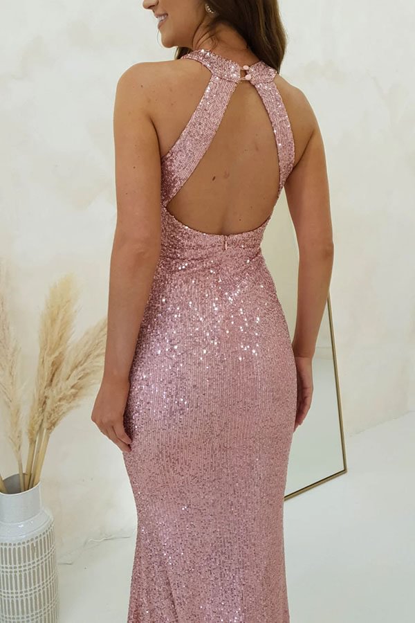 Time To Sparkle Sequin Cross Halter Neck Backless Maxi Dress