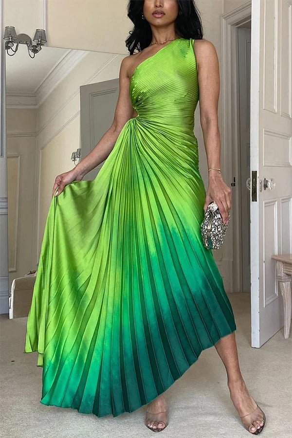 Lawn Wedding Pleated Gradient Print One Shoulder Cutout Maxi Dress