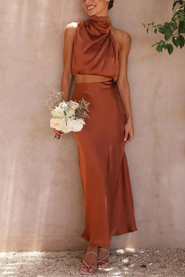 Such A Vibe High Neck Satin Drape Maxi Skirt Set