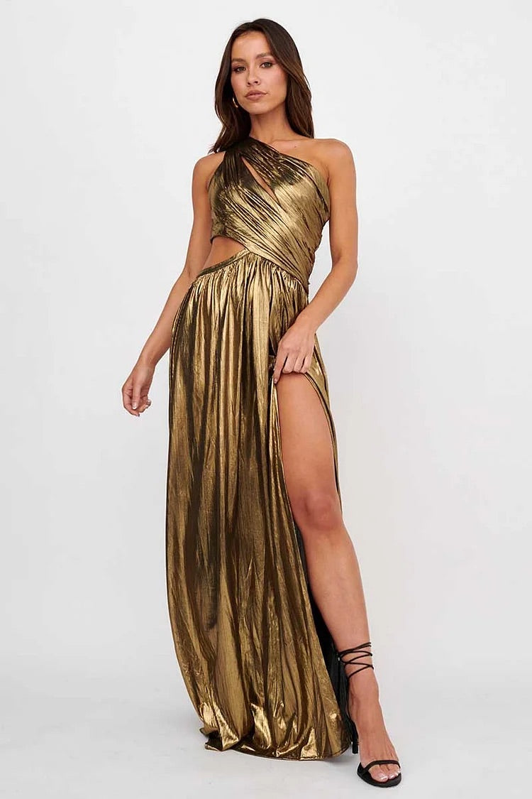 Sheen Metallic Finish One Shoulder Cut Out High Slit Formal Party Maxi Dresses-Gold