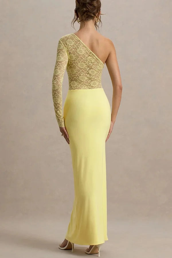 Modern Elegance Floral Lace Patchwork One Shoulder Slit Stretch Maxi Dress