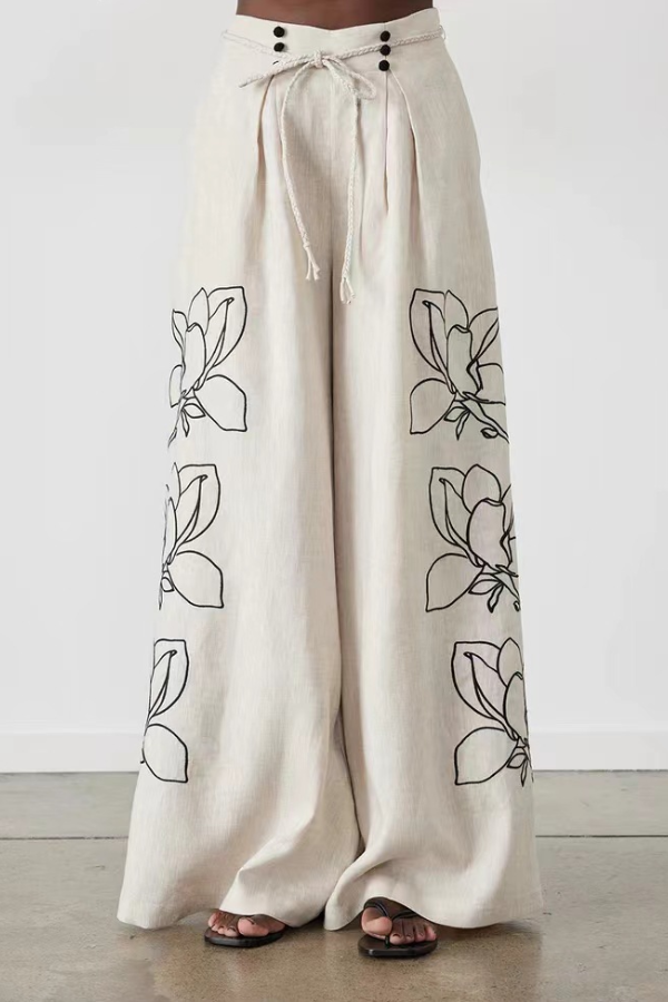 Fashionable cotton and linen printed wide-leg pants suit