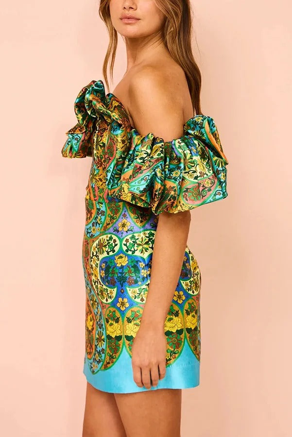 Sofie Satin Unique Paisley Print Cloud Shape Off Shoulder Mini Dress