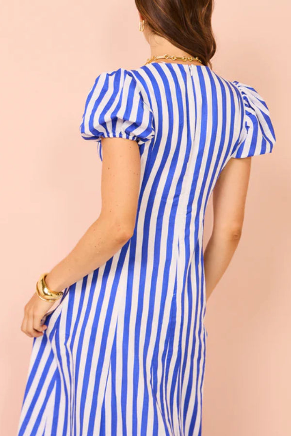 Indulge in Timeless Striped Print Puff Sleeve Pocketed Wavy Maxi Dress