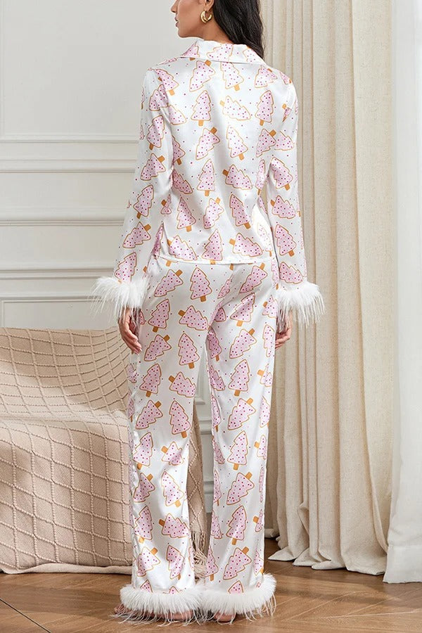 Christmas Print Feather Trim Elastic Waist Pocket Pajama Set