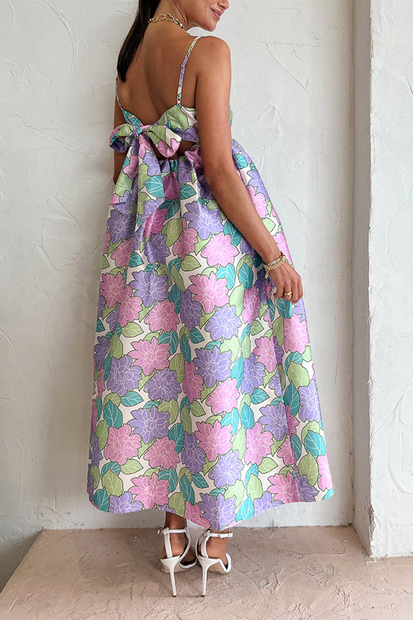 Garden Goddess Floral Printed Back Bow Design A-line Midi Dress