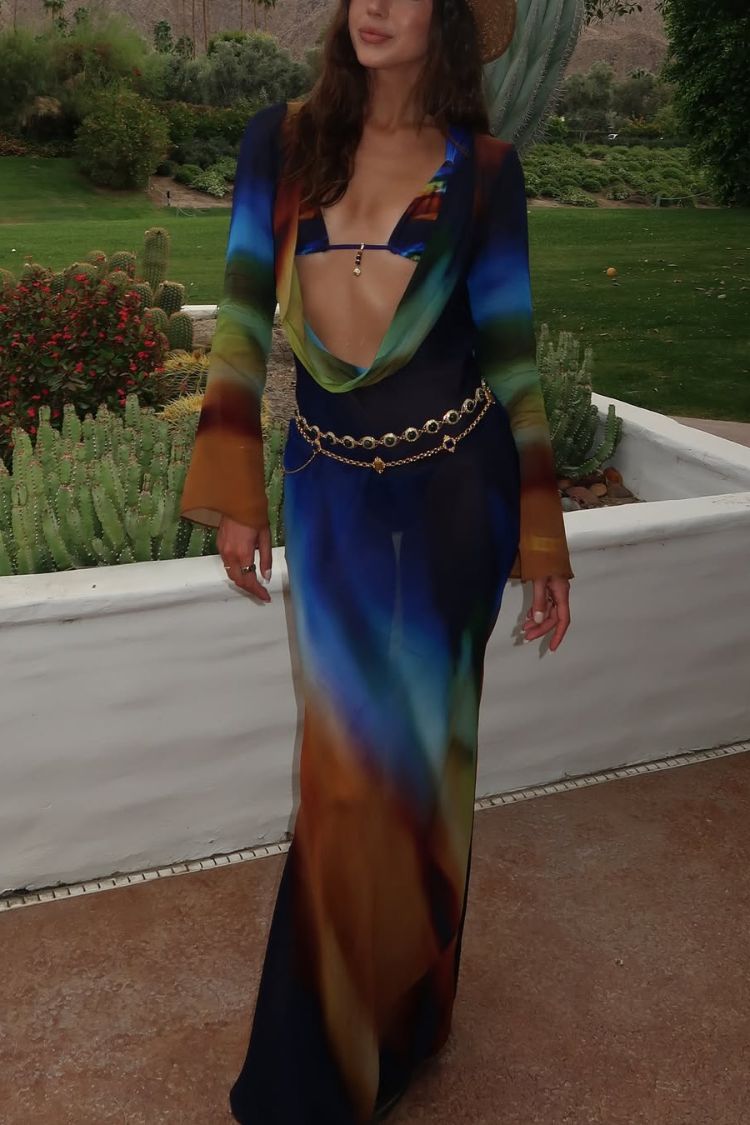Medellin Neon Print Cowl Neck Twist Detail Long Sleeve Vacation Maxi Dress