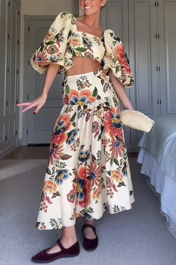 Jungle Style Linen Blend Floral Print Puff Sleeve Crop Top and High Waist Midi Skirt Set