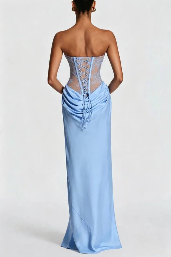 Kathleen Floral Lace Contrast Structural Detail Back Lace-up Satin Hem Strapless Maxi Dress