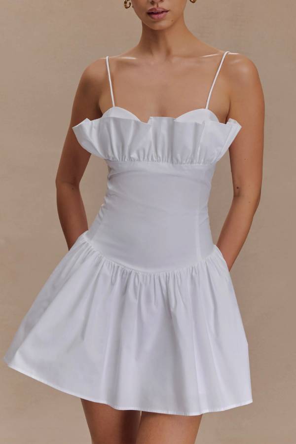 White Moonlight Suspender Ruffle Waist Dress