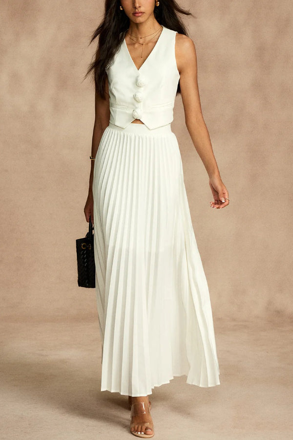 Stylish Rosette Sleeveless Tank Top and Pleated Maxi Skirt Set