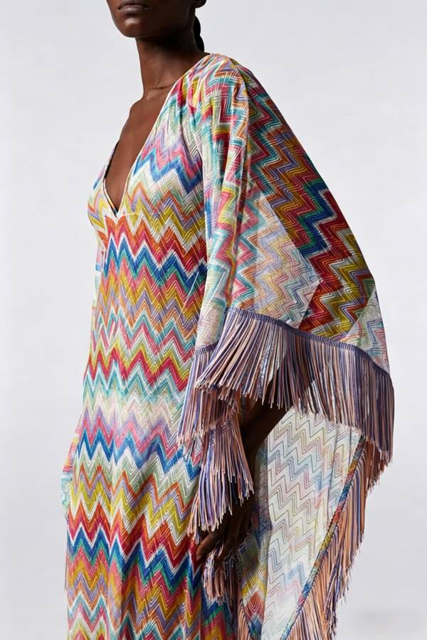 Casie Knit Colorful Zigzag Pattern Fringe Trim Cover-up Vacation Maxi Dress