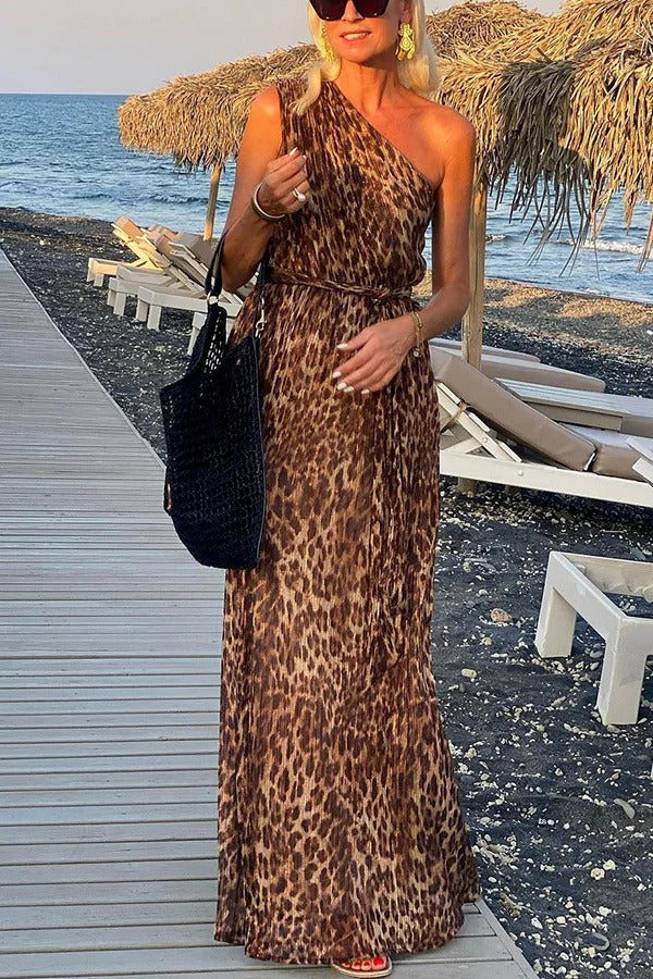 Occupy My Heart Leopard Print One Shoulder Belted Maxi Dress