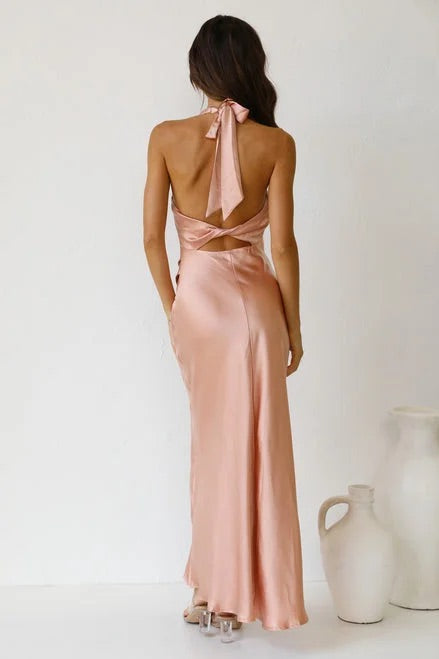 Halterneck Open Back Slit Wedding Maxi Dresses