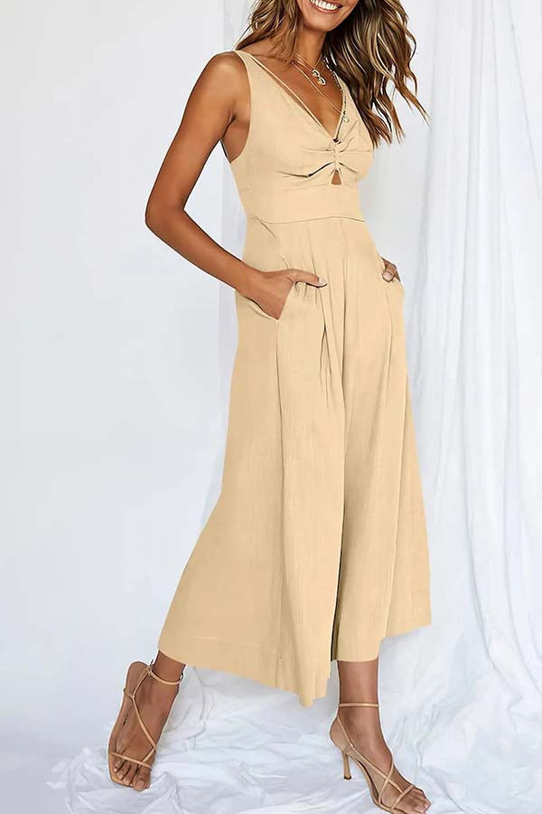 2023 SUMMER V NECK CUTOUT ADJUSTABLE STRAPS WIDE LEG JUMPSUITS