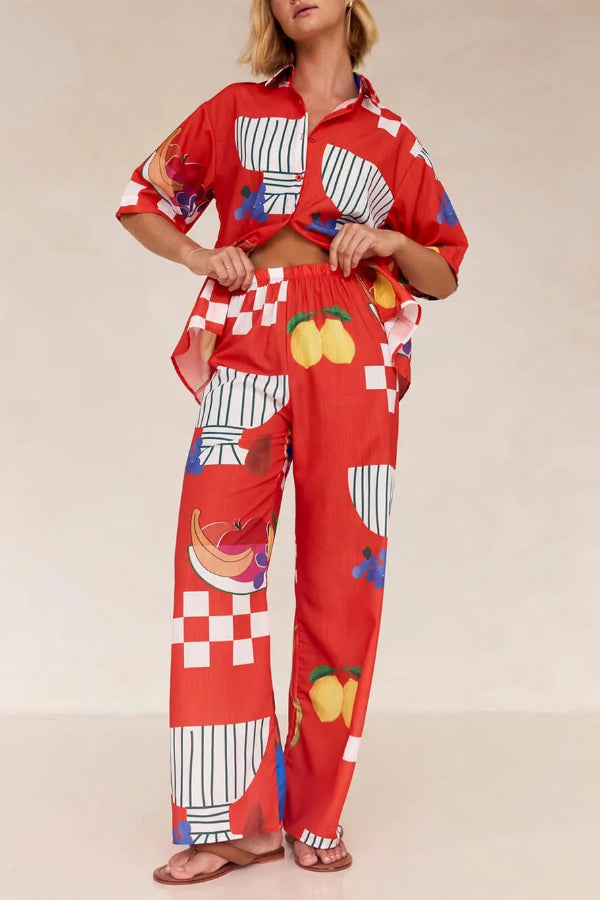 Unique Fruit Print Holiday Loose Shirt Wide Leg Pants Suit