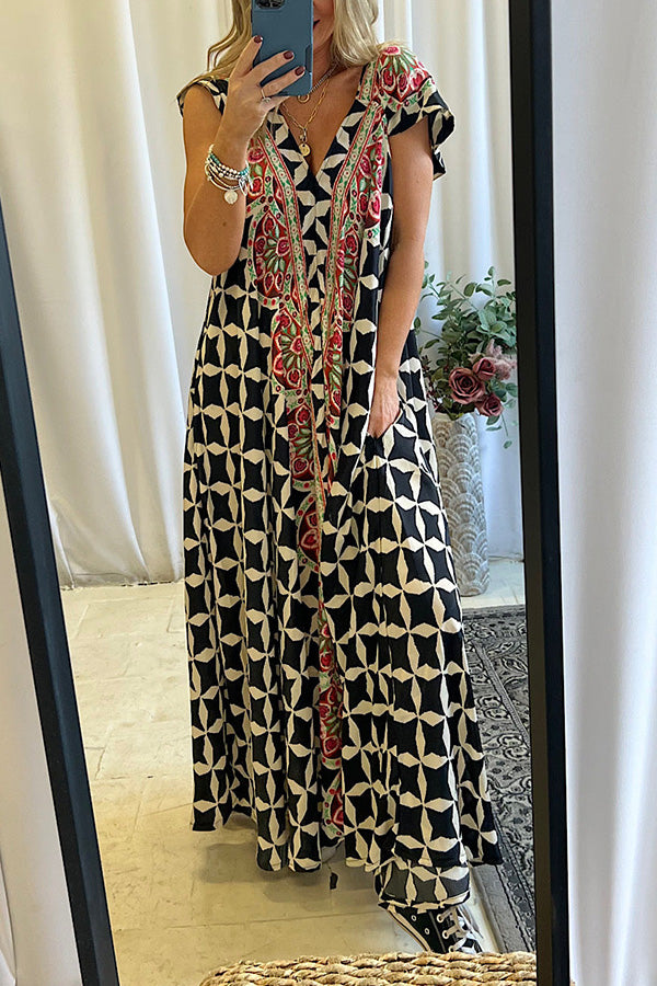 Stroll The Avenues Boho Printed Pocket A-line Maxi Dress